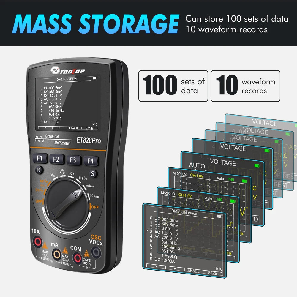 TOOLTOP ET828Pro 10MHz Handheld Digital Oscilloscope 50Msps Automatic True RMS Multimeter AC 565V High Voltage Oscilloscope