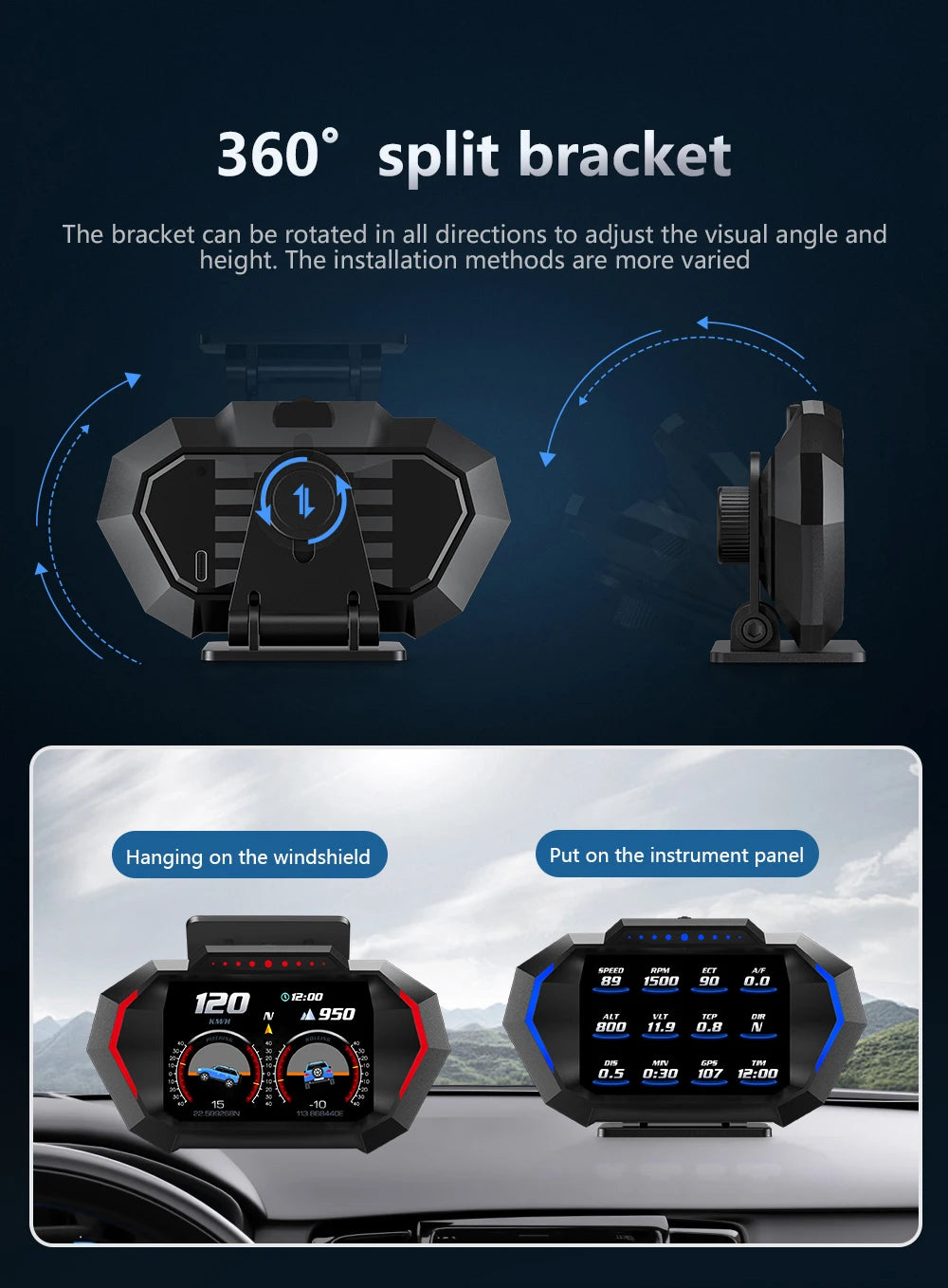 OBD2 + GPS HUD P24 OBD Head Up Display Car Digital Speedometer Fuel Consumption Water Temp Voltage Press Slope Meter With Alarm