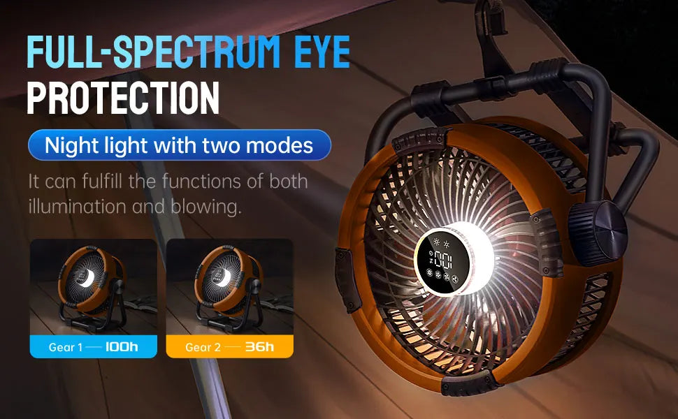 Multifunctional Outdoor Camping Fan Light Rechargeable Ceiling Fan with 3-speed Night Light and Power Bank Portable Fan