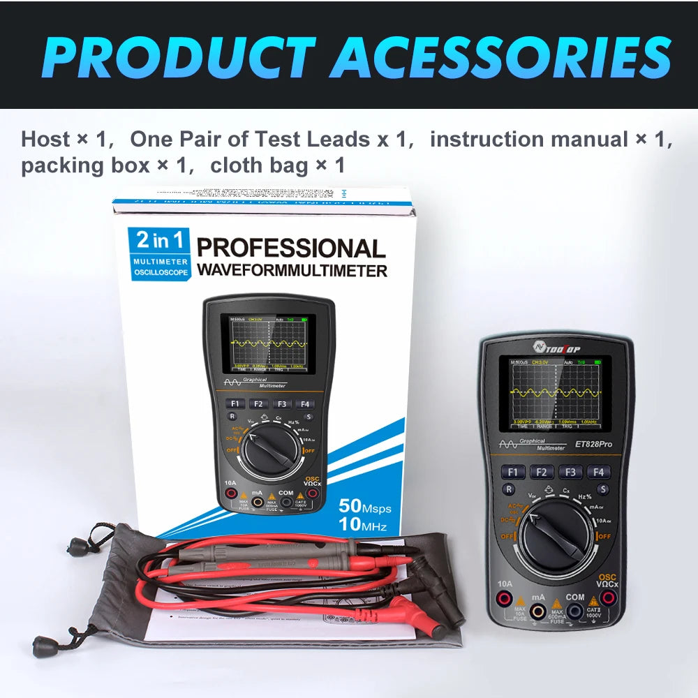 TOOLTOP ET828Pro 10MHz Handheld Digital Oscilloscope 50Msps Automatic True RMS Multimeter AC 565V High Voltage Oscilloscope