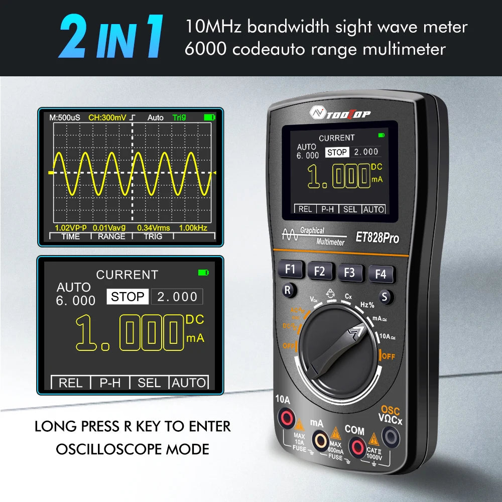 TOOLTOP ET828Pro 10MHz Handheld Digital Oscilloscope 50Msps Automatic True RMS Multimeter AC 565V High Voltage Oscilloscope