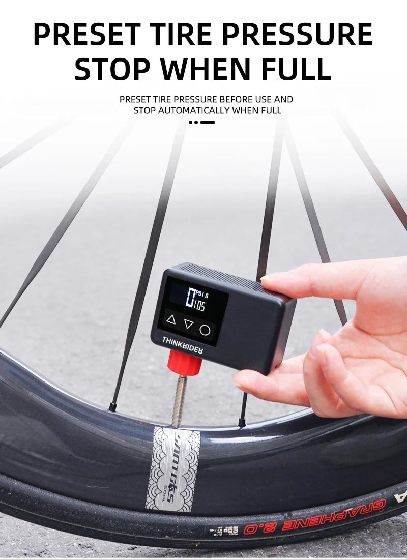 ThinkRider 120 PSI Portable Pocket Bike Electric Air Pump MINI  Tire Inflator For Bicycle Digital Gauge Display
