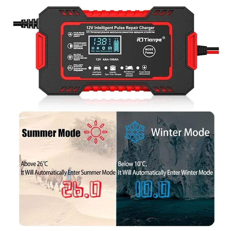 Car Battery Charger 12V 6A Touch Screen Pulse Repair LCD Fast Power Charging Wet Dry Lead Acid Digital LCD Display