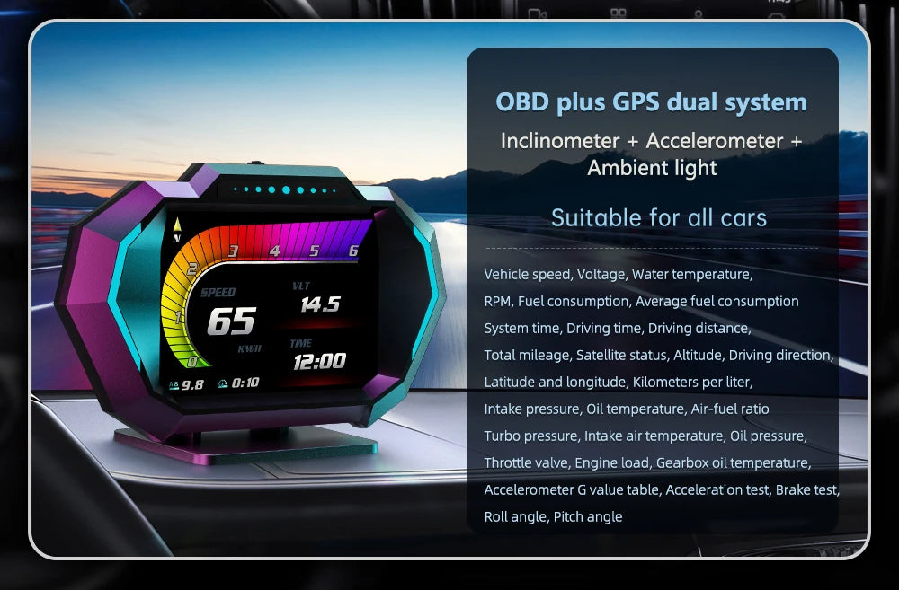 OBD2 + GPS HUD P24 OBD Head Up Display Car Digital Speedometer Fuel Consumption Water Temp Voltage Press Slope Meter With Alarm