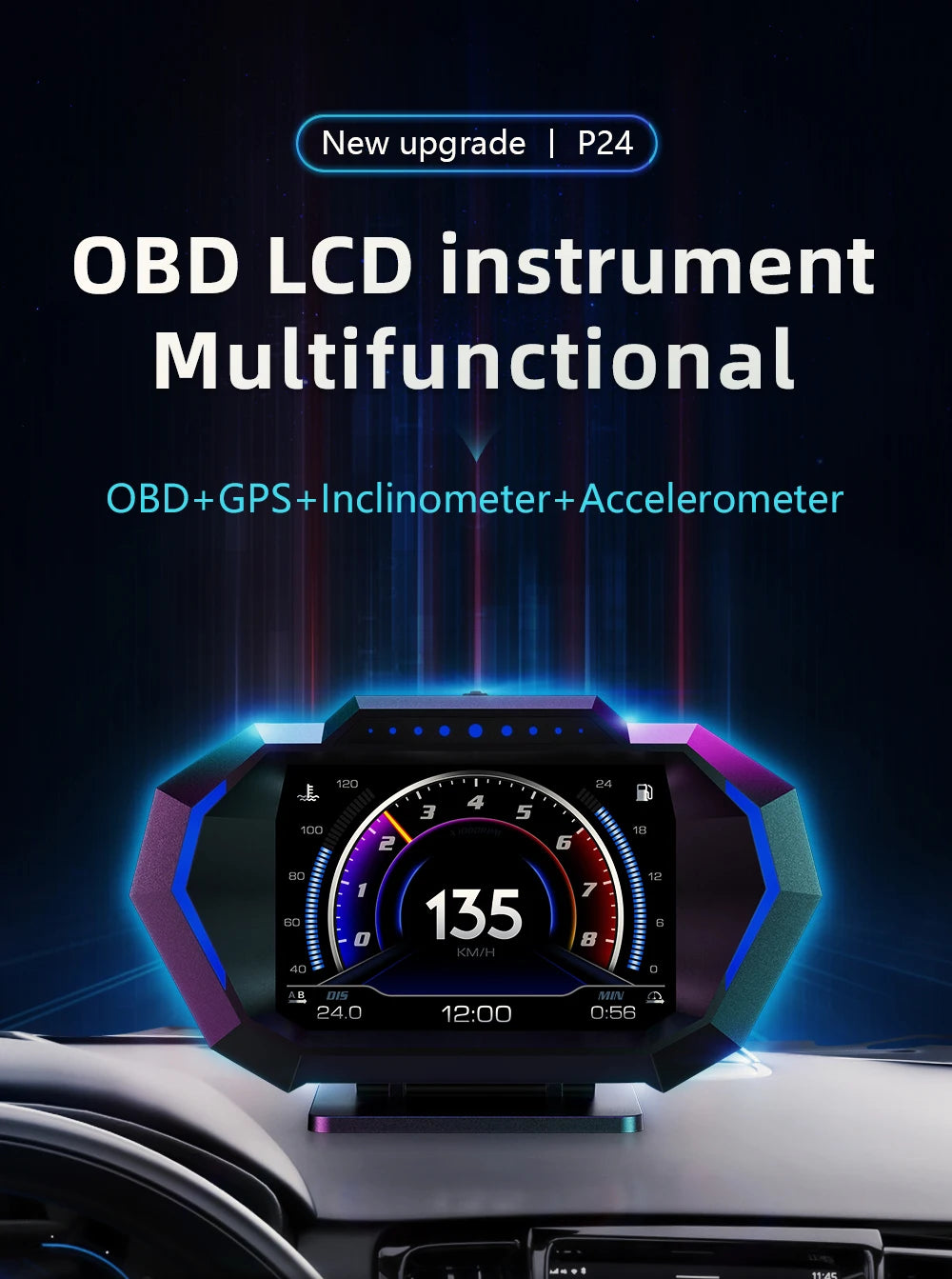 OBD2 + GPS HUD P24 OBD Head Up Display Car Digital Speedometer Fuel Consumption Water Temp Voltage Press Slope Meter With Alarm