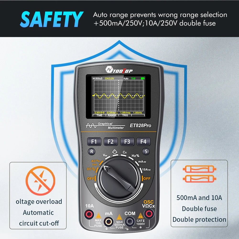 TOOLTOP ET828Pro 10MHz Handheld Digital Oscilloscope 50Msps Automatic True RMS Multimeter AC 565V High Voltage Oscilloscope