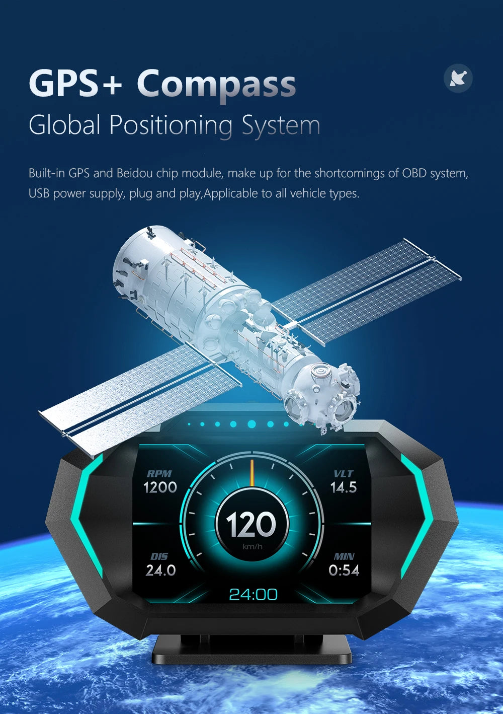 OBD2 + GPS HUD P24 OBD Head Up Display Car Digital Speedometer Fuel Consumption Water Temp Voltage Press Slope Meter With Alarm