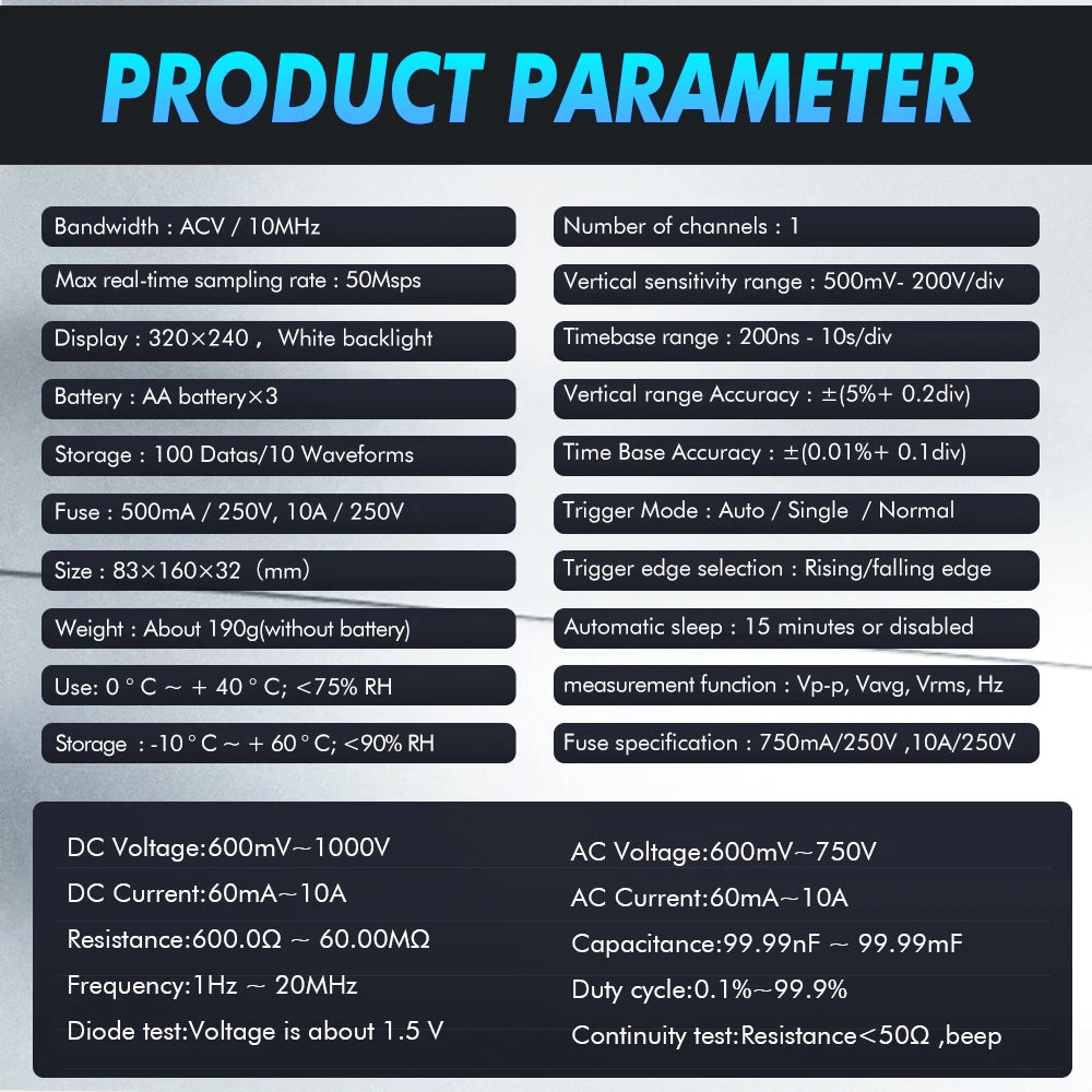 TOOLTOP ET828Pro 10MHz Handheld Digital Oscilloscope 50Msps Automatic True RMS Multimeter AC 565V High Voltage Oscilloscope